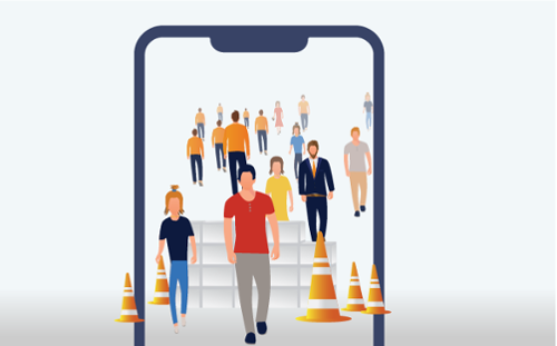 Illustration of people walking in smartphone with safety cones